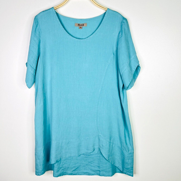 Flax Tunic Dress Size Small Linen Short‎ Sleeve Light Teal - Picture 1 of 10